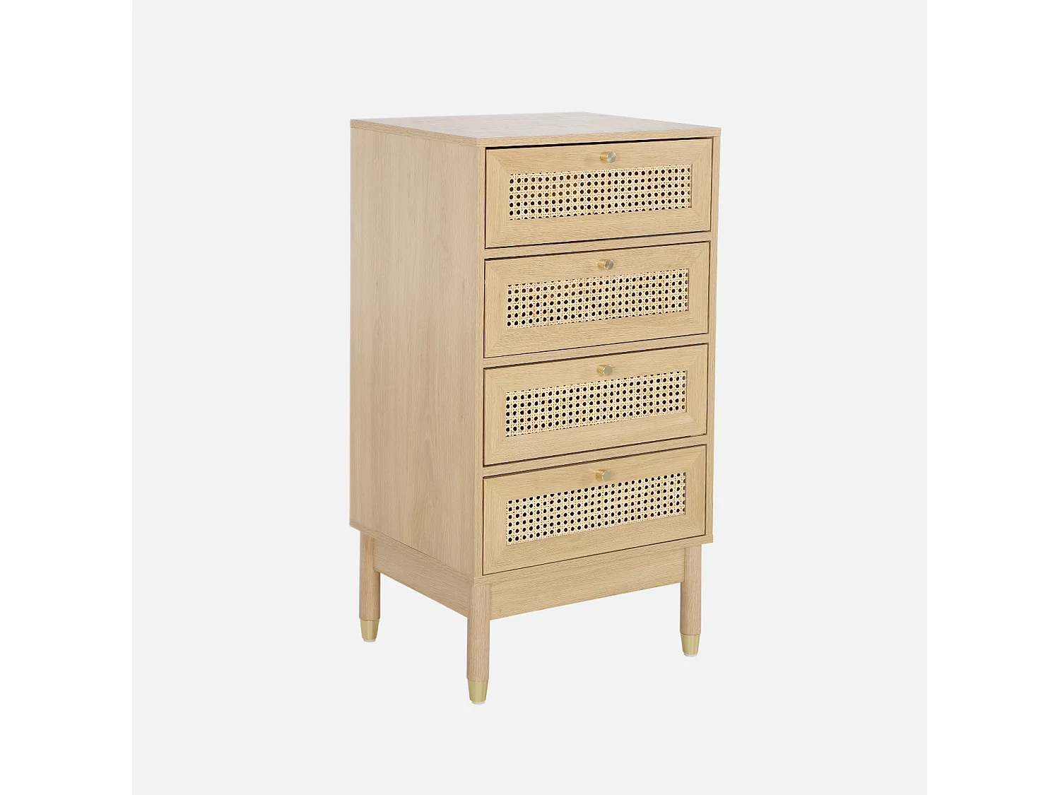 Cómoda con decoración de madera y mimbre, 4 cajones natural