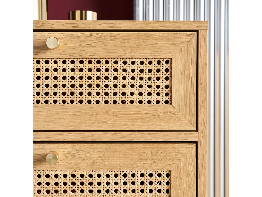 Cómoda con decoración de madera y mimbre, 4 cajones natural