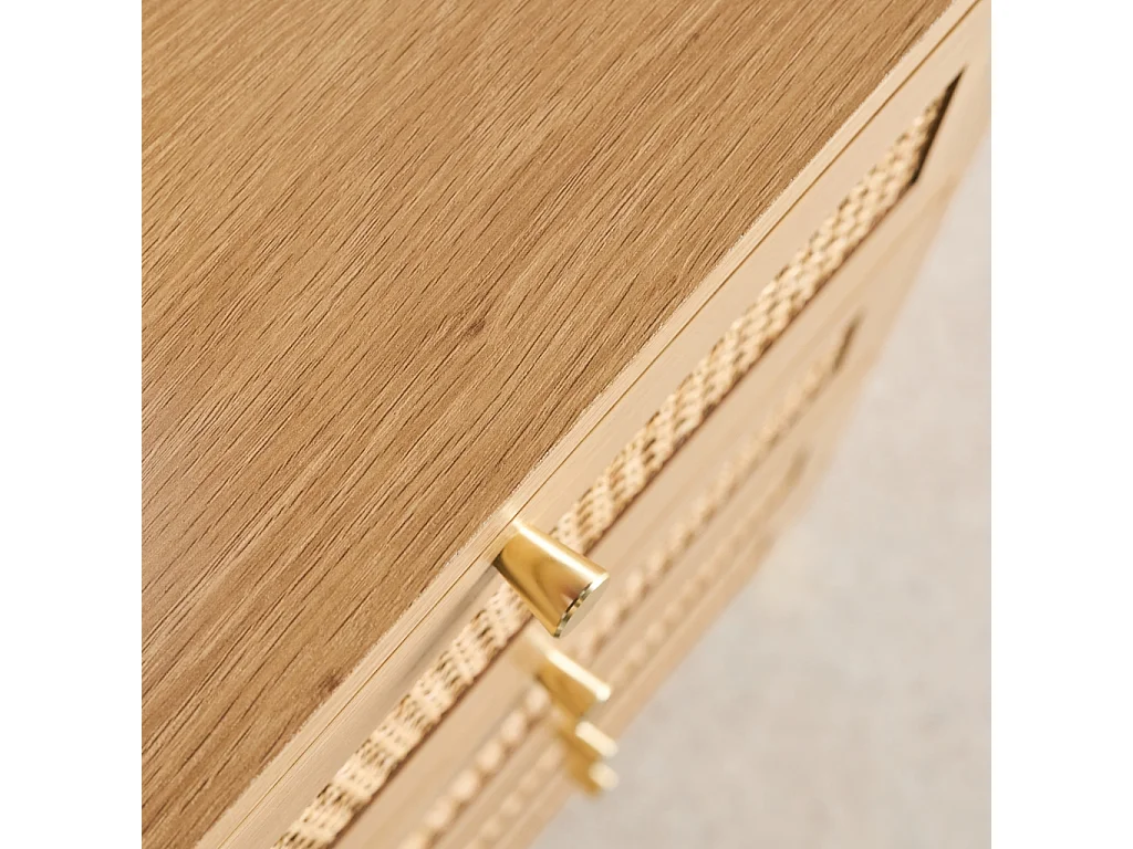 Cómoda con decoración de madera y mimbre, 4 cajones natural