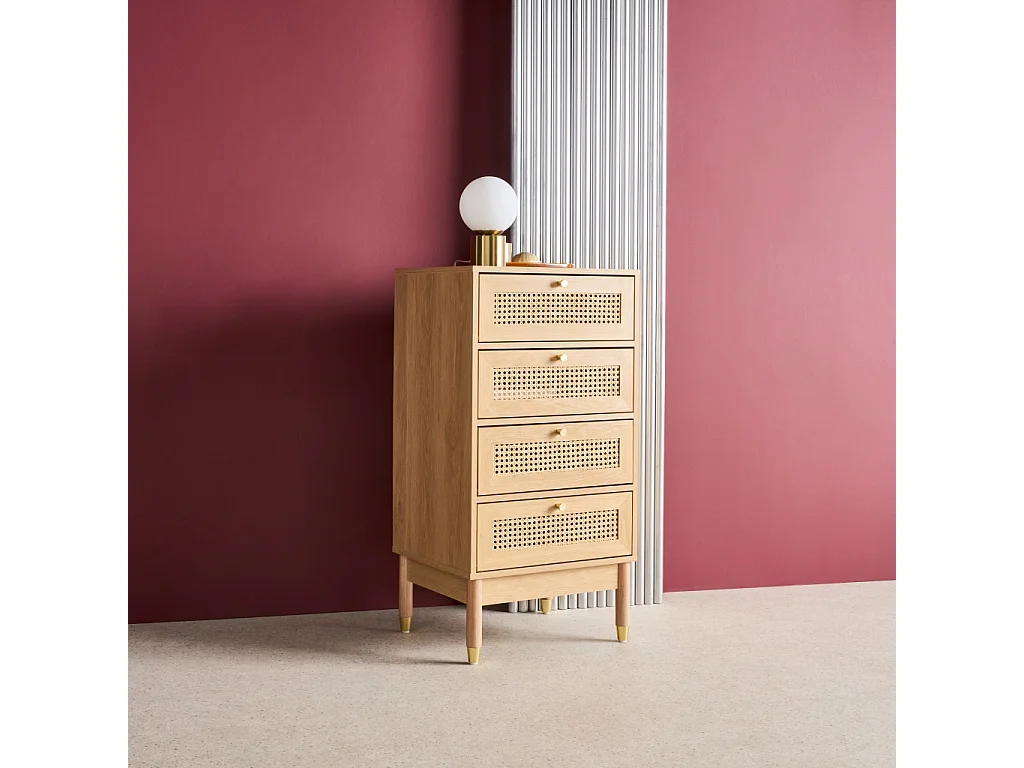 Cómoda con decoración de madera y mimbre, 4 cajones natural