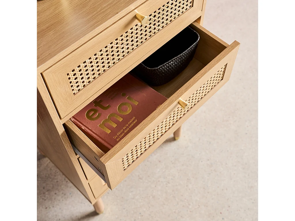 Cómoda con decoración de madera y mimbre, 4 cajones natural