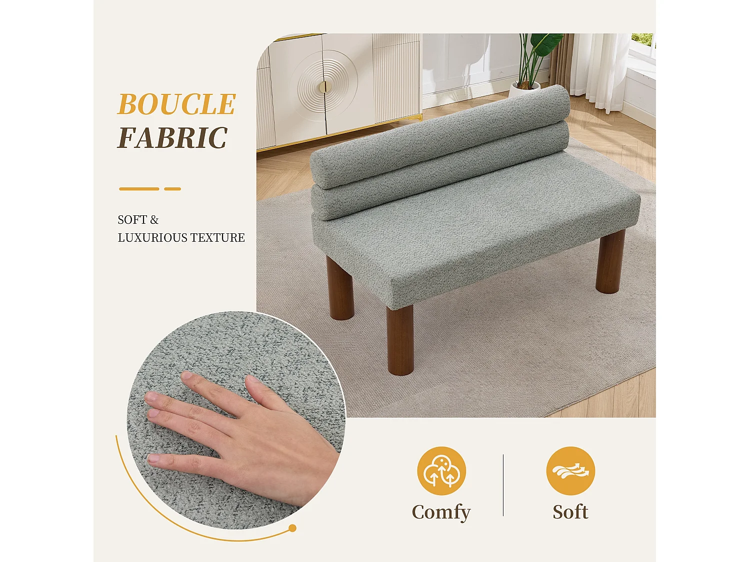Banc minimaliste moderne surdimensionné sans accoudoirs, cadre en bois, tissu bouclé, pour salle à manger, chambre à coucher, entrée