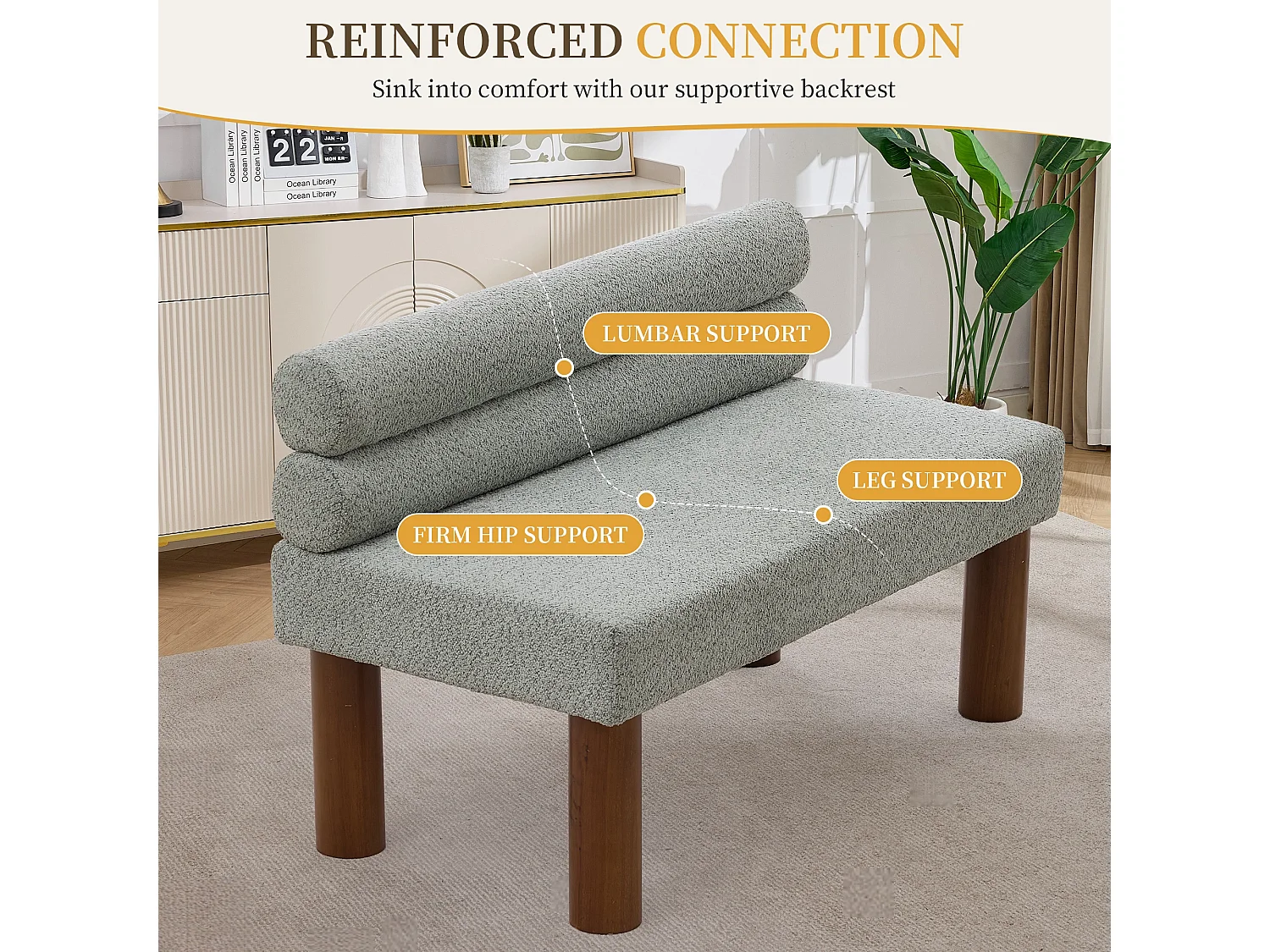 Banc minimaliste moderne surdimensionné sans accoudoirs, cadre en bois, tissu bouclé, pour salle à manger, chambre à coucher, entrée