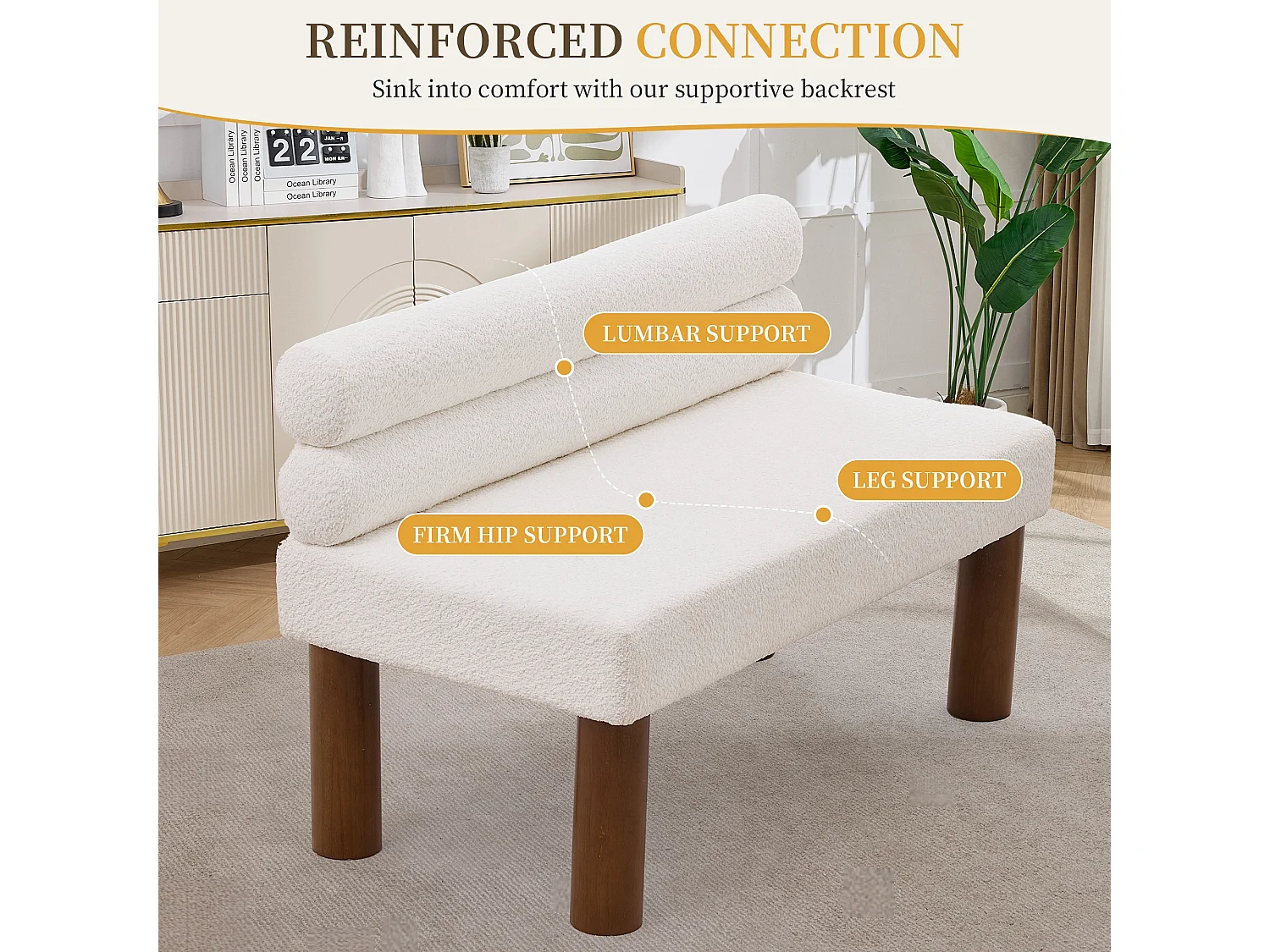Banc minimaliste moderne surdimensionné sans accoudoirs, cadre en bois, tissu bouclé, pour salle à manger, chambre à coucher, entrée