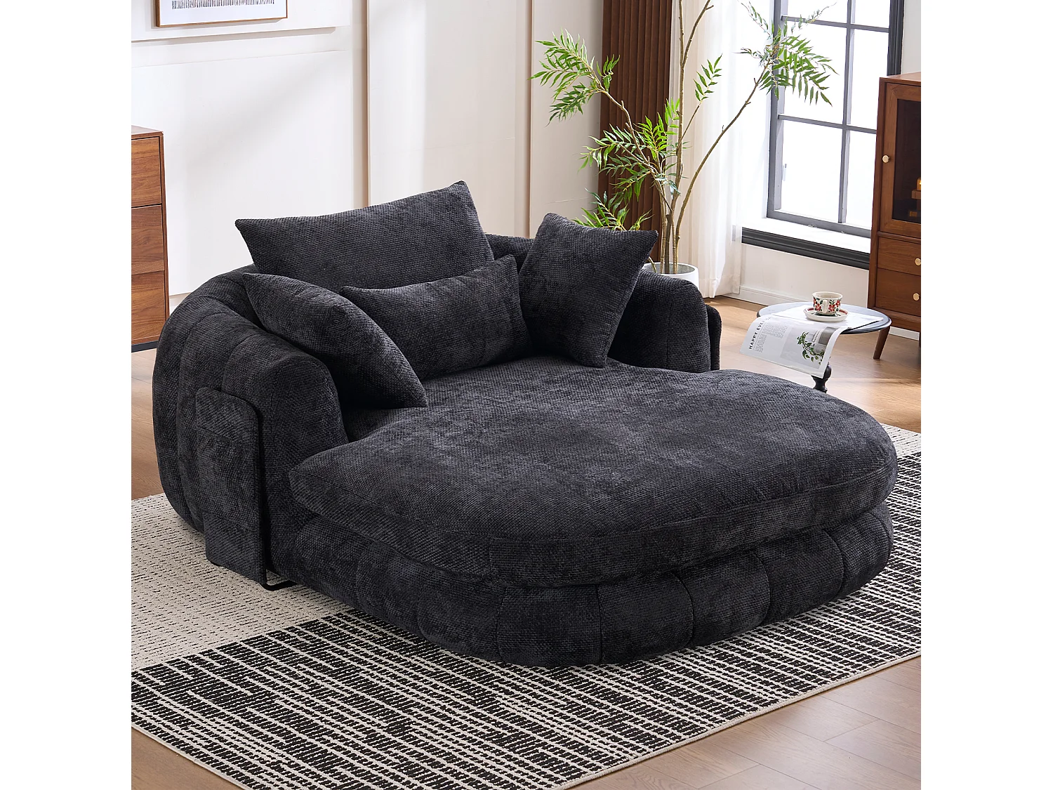 Fauteuil de lecture moderne, chaise longue à assise profonde, tissu chenille et coussins moelleux, idéal pour la chambre à coucher