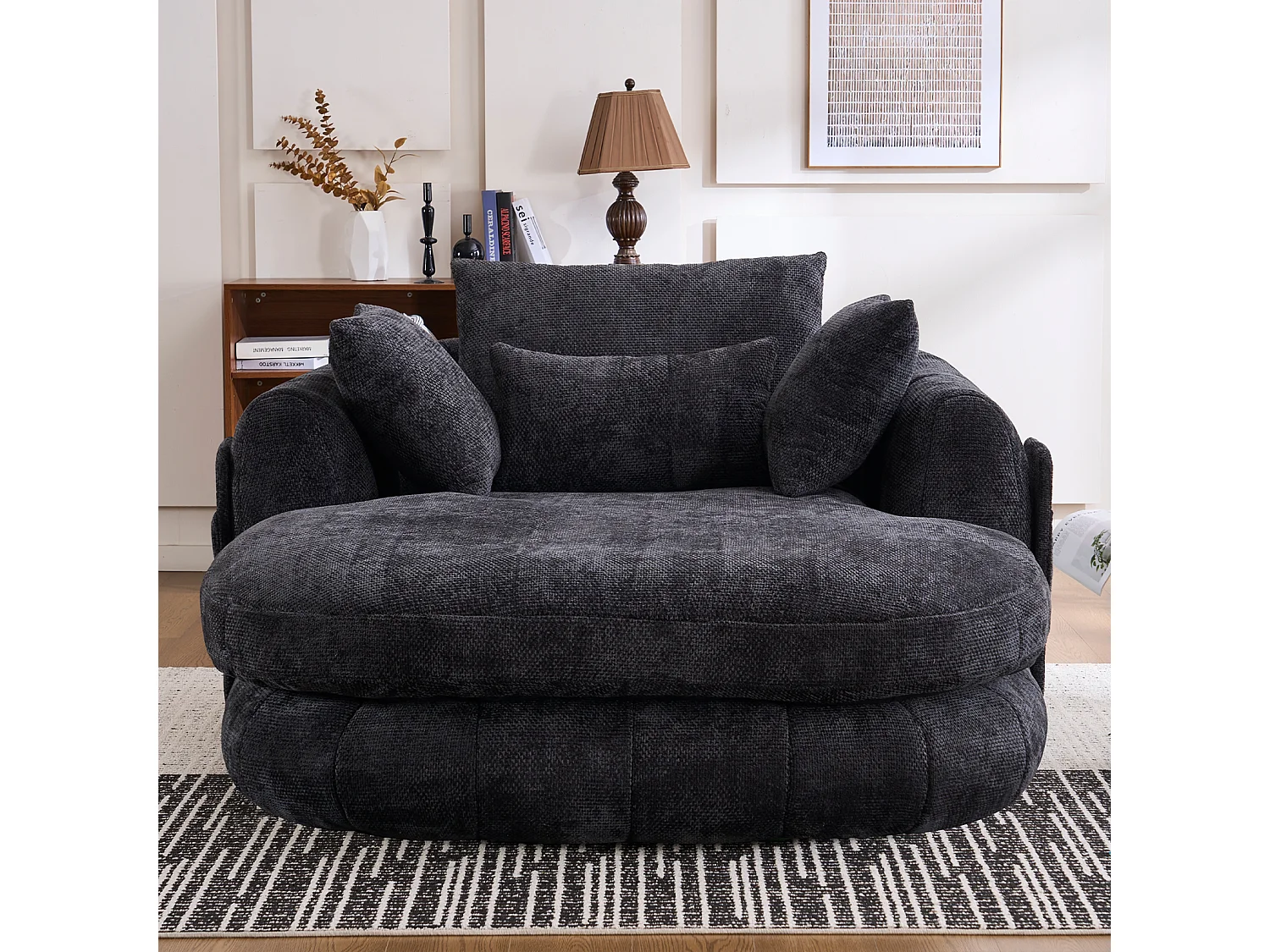Fauteuil de lecture moderne, chaise longue à assise profonde, tissu chenille et coussins moelleux, idéal pour la chambre à coucher