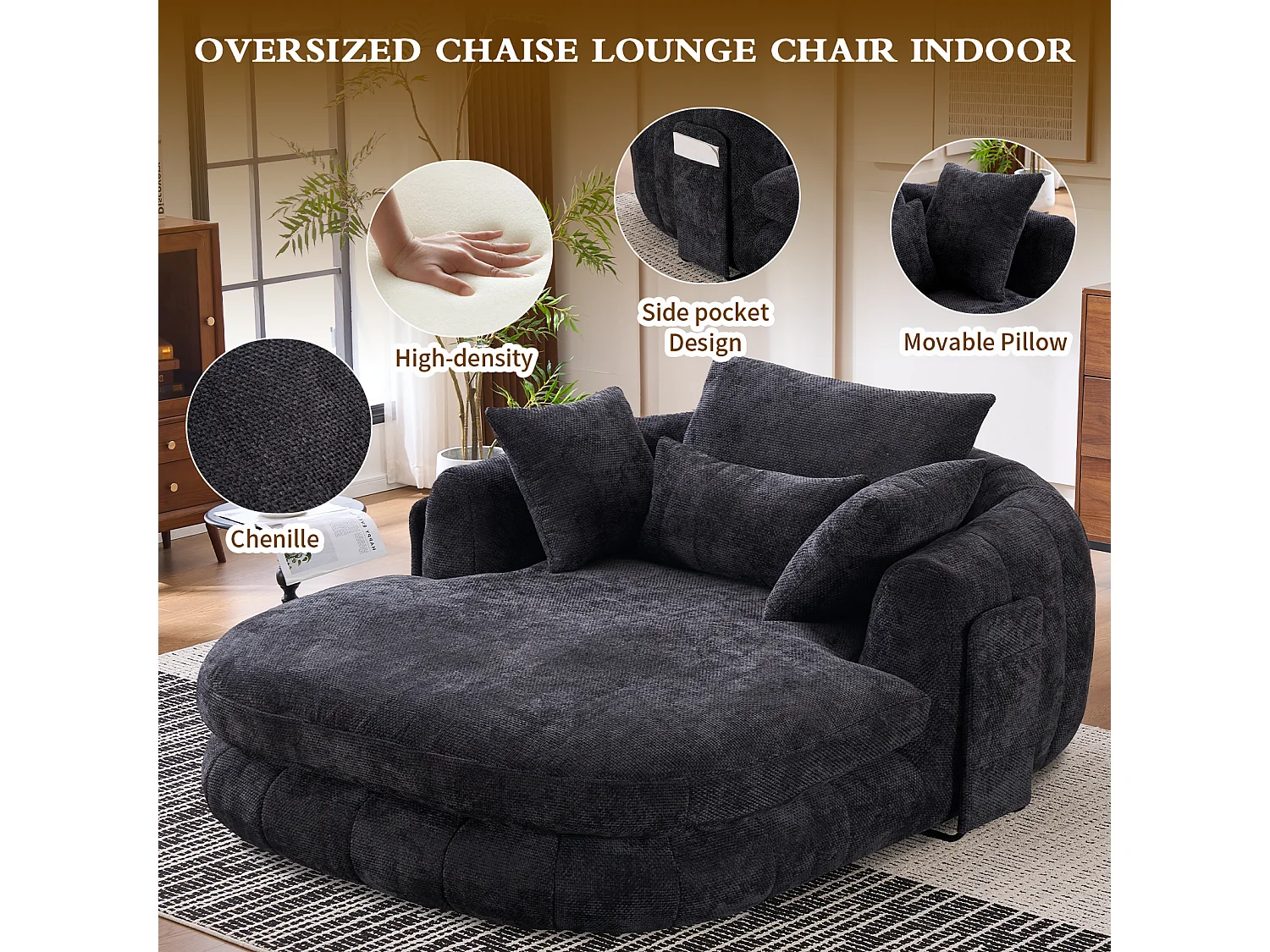 Fauteuil de lecture moderne, chaise longue à assise profonde, tissu chenille et coussins moelleux, idéal pour la chambre à coucher