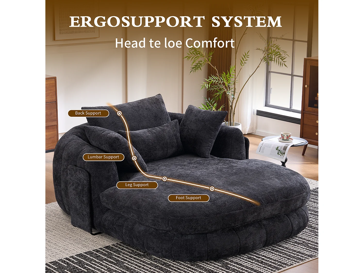 Fauteuil de lecture moderne, chaise longue à assise profonde, tissu chenille et coussins moelleux, idéal pour la chambre à coucher