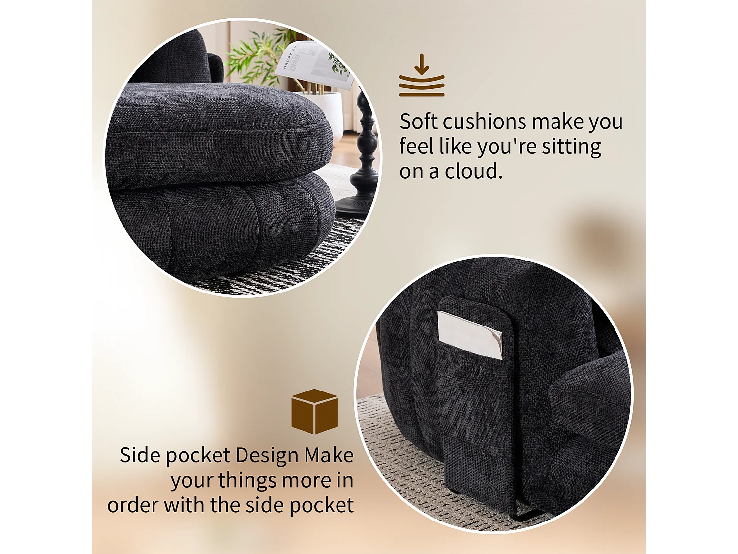 Fauteuil de lecture moderne, chaise longue à assise profonde, tissu chenille et coussins moelleux, idéal pour la chambre à coucher