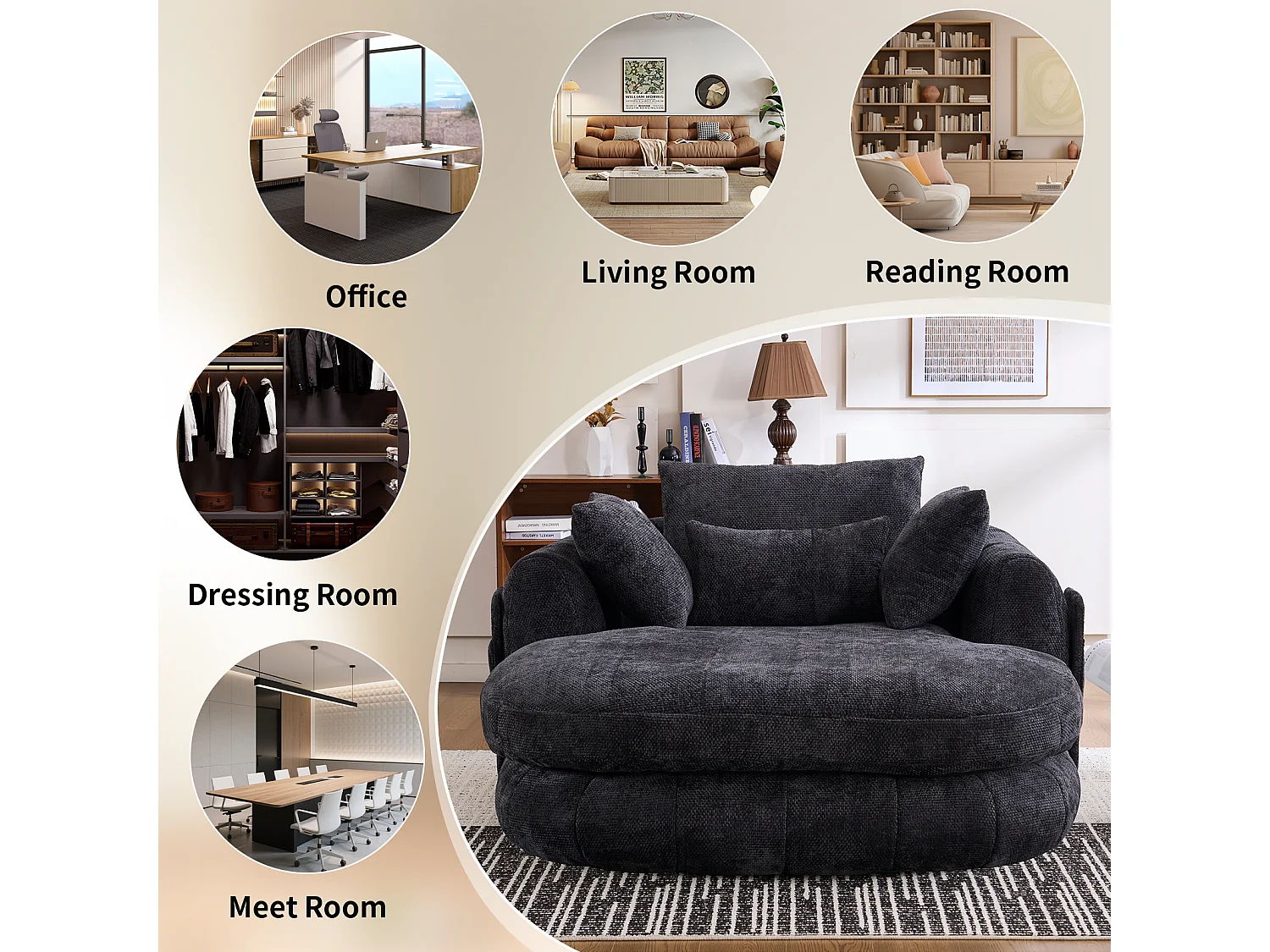 Fauteuil de lecture moderne, chaise longue à assise profonde, tissu chenille et coussins moelleux, idéal pour la chambre à coucher