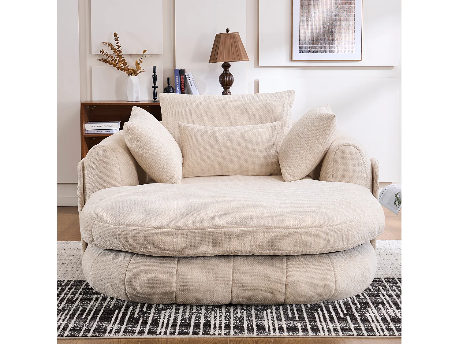 Fauteuil de lecture moderne, chaise longue à assise profonde, tissu chenille et coussins moelleux, idéal pour la chambre à coucher