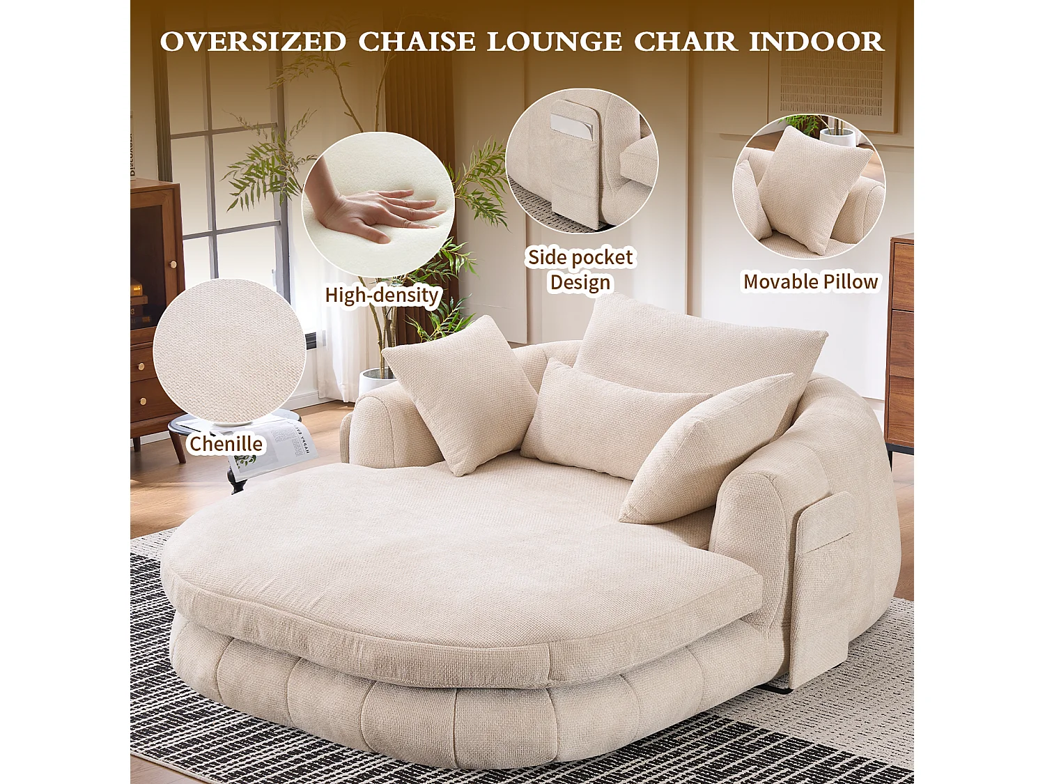 Fauteuil de lecture moderne, chaise longue à assise profonde, tissu chenille et coussins moelleux, idéal pour la chambre à coucher