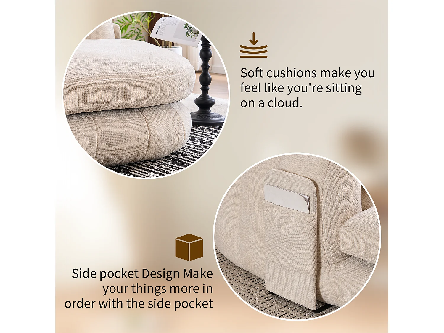 Fauteuil de lecture moderne, chaise longue à assise profonde, tissu chenille et coussins moelleux, idéal pour la chambre à coucher