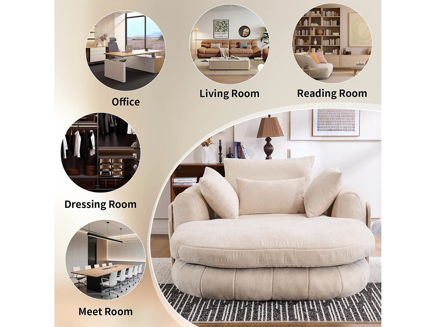 Fauteuil de lecture moderne, chaise longue à assise profonde, tissu chenille et coussins moelleux, idéal pour la chambre à coucher
