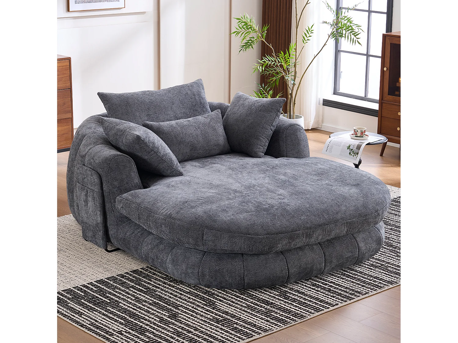 Fauteuil de lecture moderne, chaise longue à assise profonde, tissu chenille et coussins moelleux, idéal pour la chambre à coucher