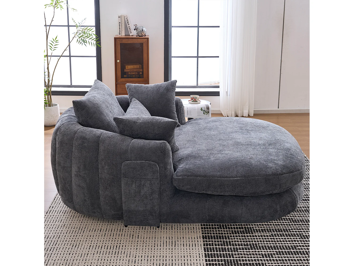 Fauteuil de lecture moderne, chaise longue à assise profonde, tissu chenille et coussins moelleux, idéal pour la chambre à coucher