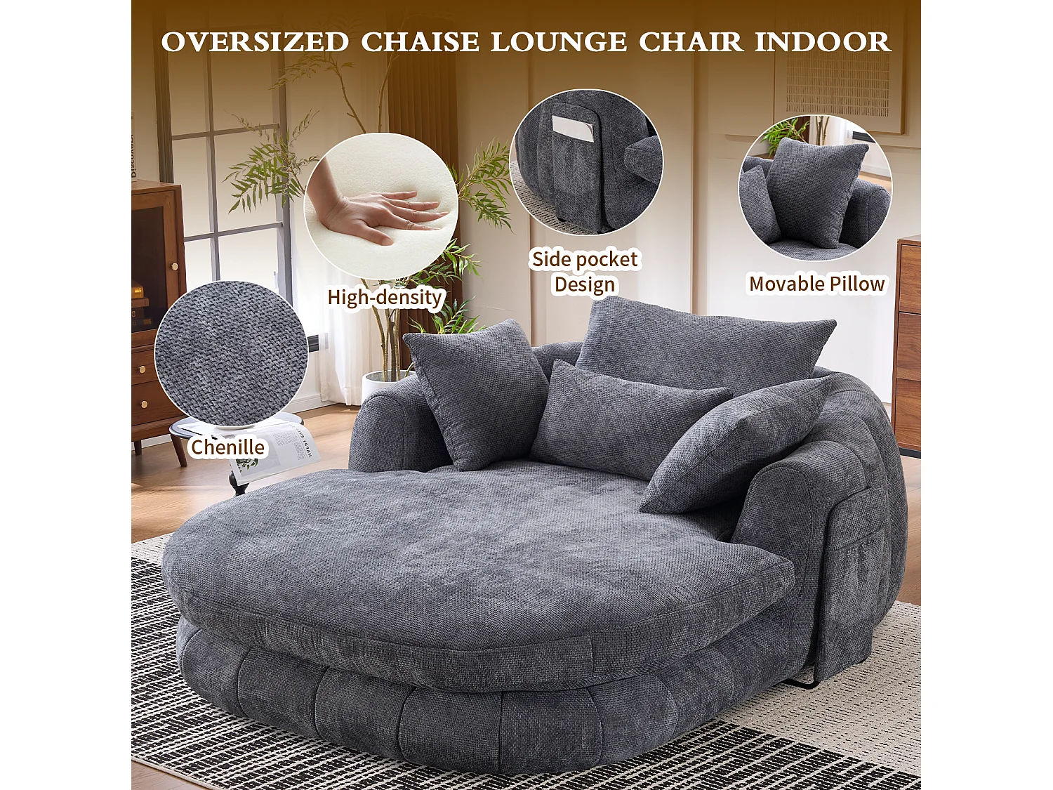 Fauteuil de lecture moderne, chaise longue à assise profonde, tissu chenille et coussins moelleux, idéal pour la chambre à coucher