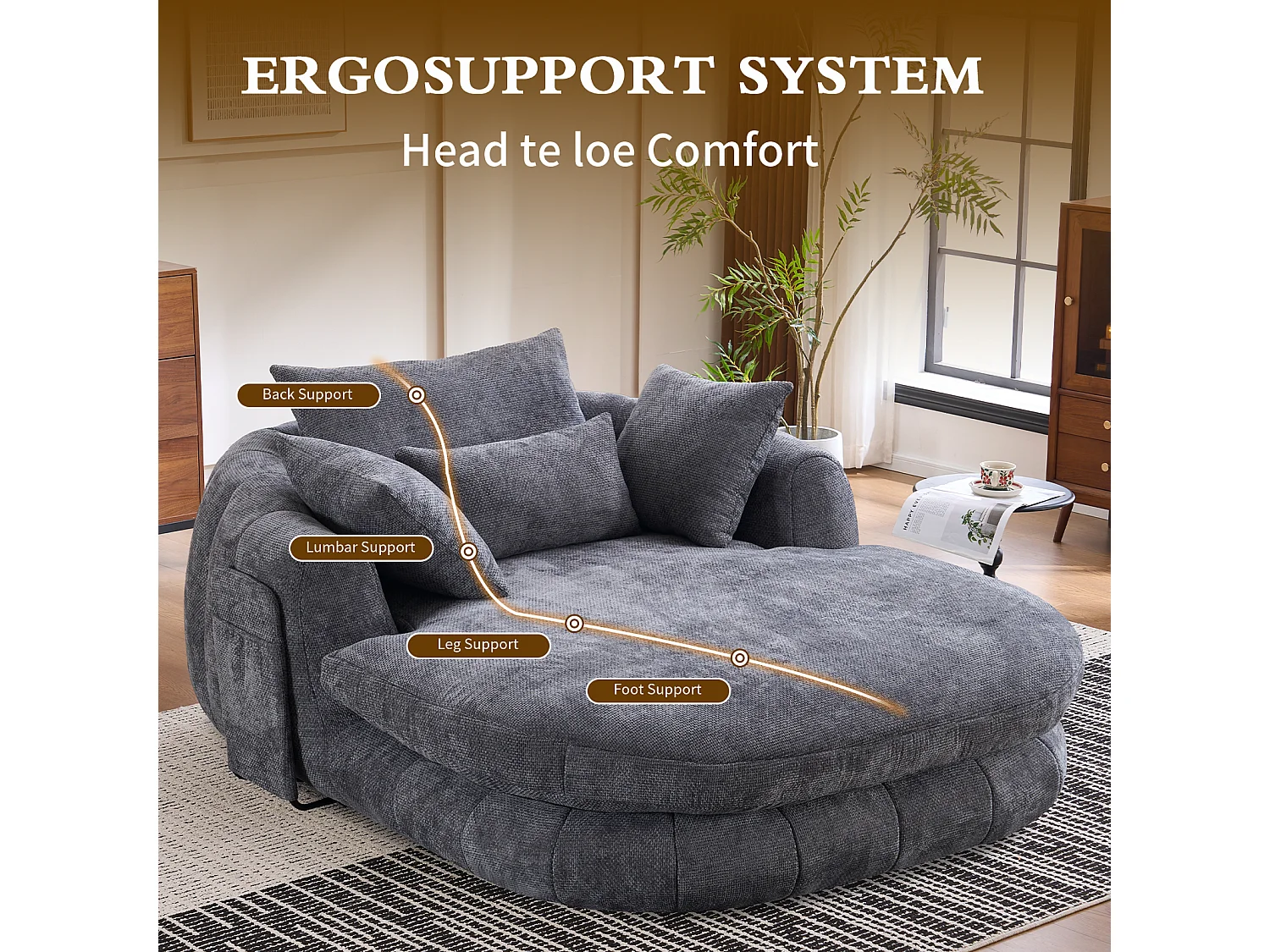 Fauteuil de lecture moderne, chaise longue à assise profonde, tissu chenille et coussins moelleux, idéal pour la chambre à coucher