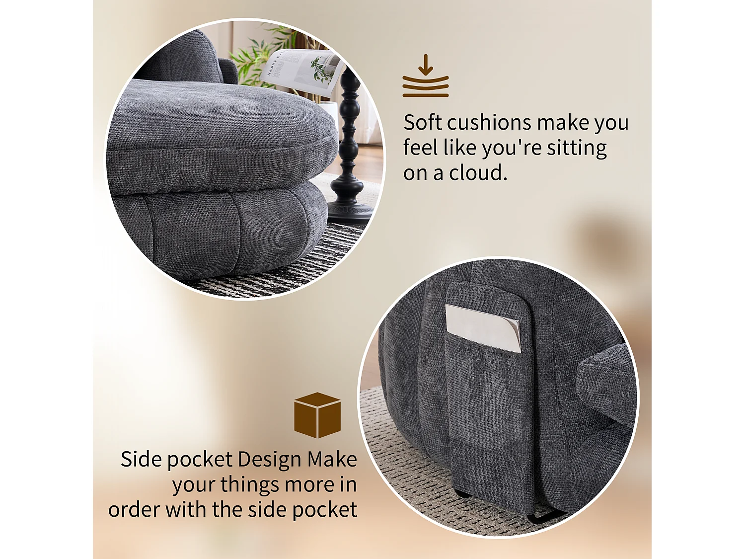 Fauteuil de lecture moderne, chaise longue à assise profonde, tissu chenille et coussins moelleux, idéal pour la chambre à coucher