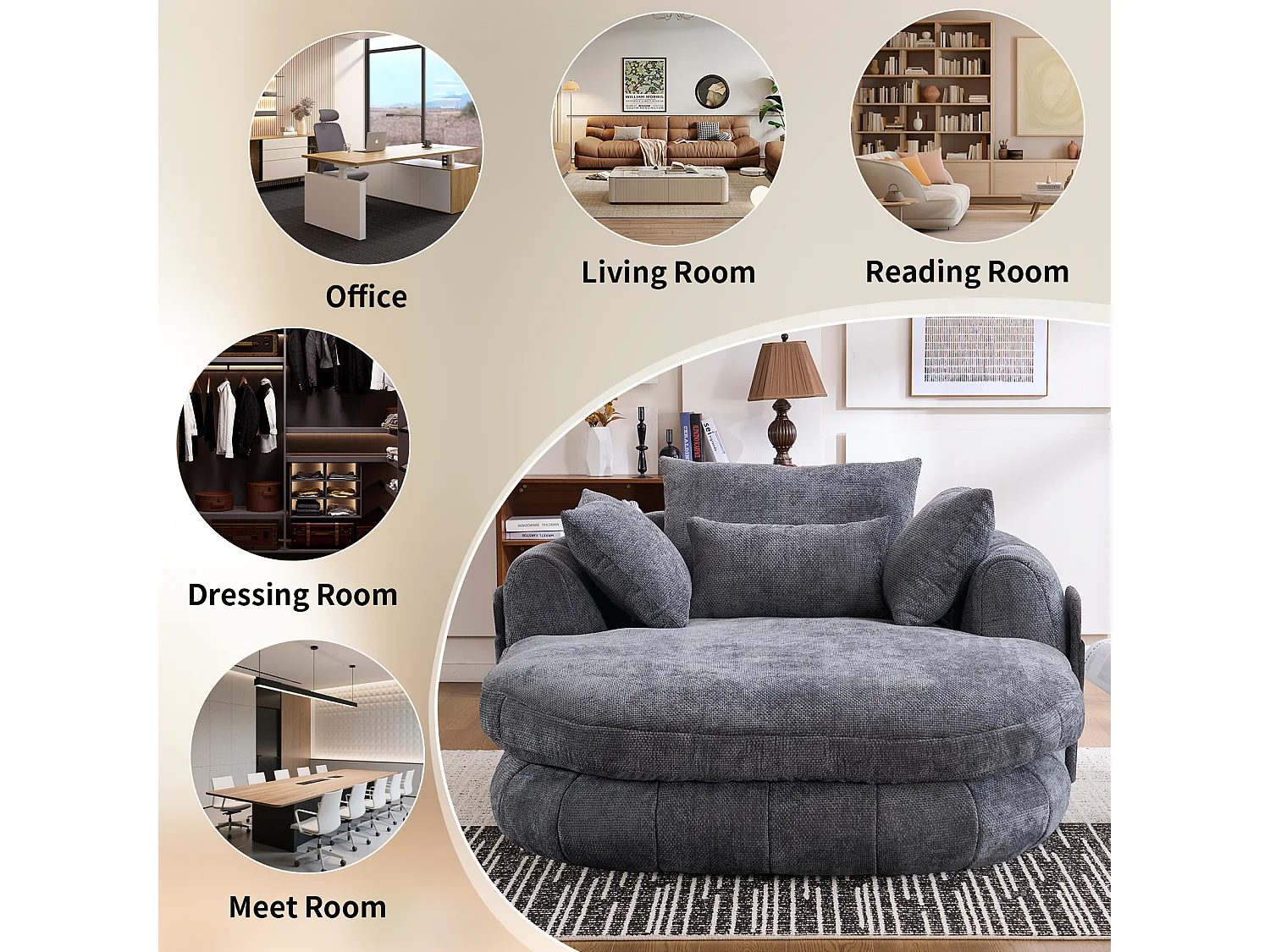 Fauteuil de lecture moderne, chaise longue à assise profonde, tissu chenille et coussins moelleux, idéal pour la chambre à coucher