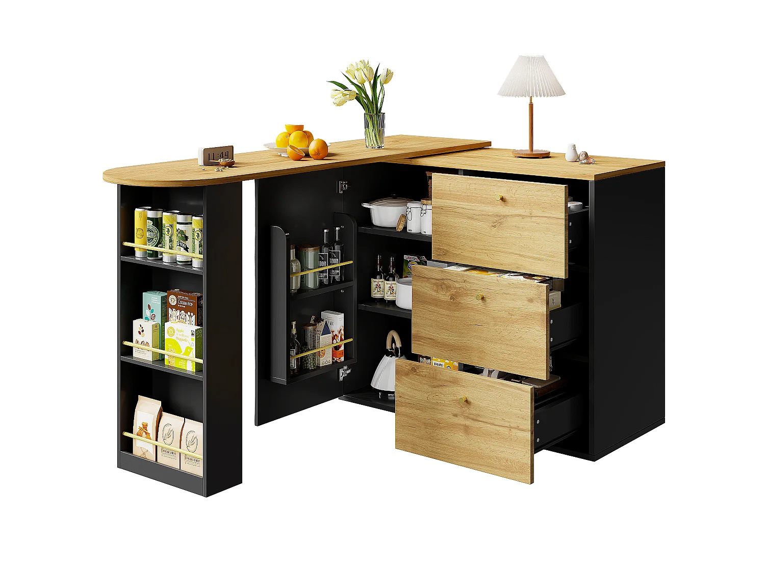 Table haute extensible avec rangement (138–204 × 39 × 104 cm), comptoir de bar pivotant à 360°