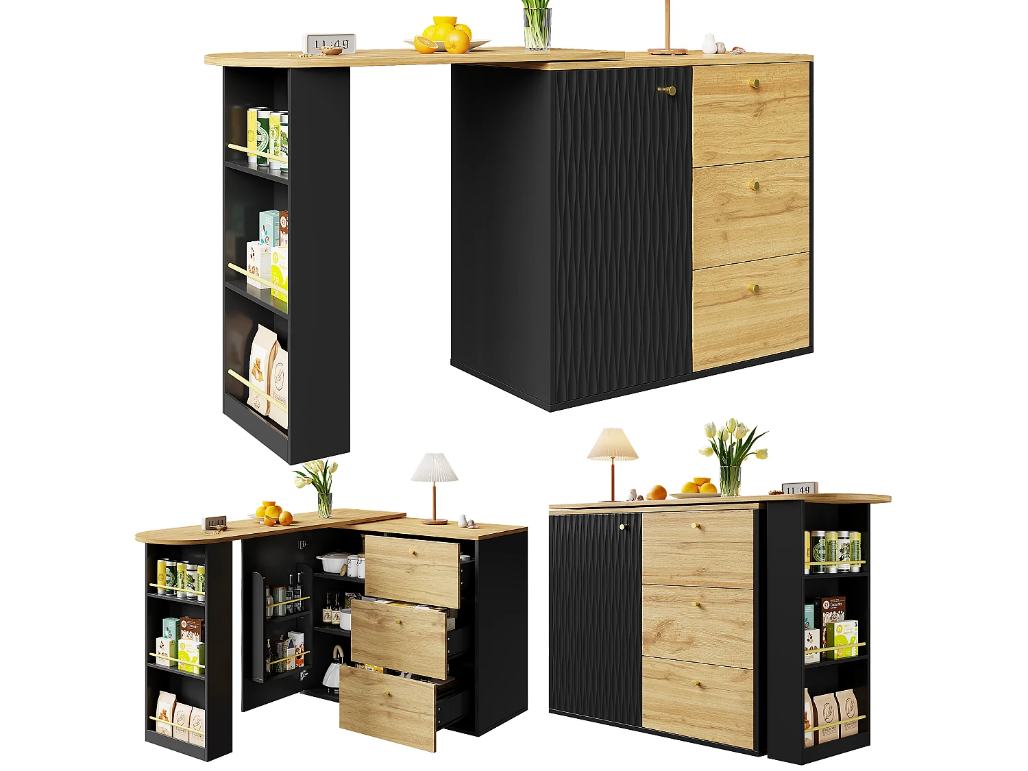 Table haute extensible avec rangement (138–204 × 39 × 104 cm), comptoir de bar pivotant à 360°