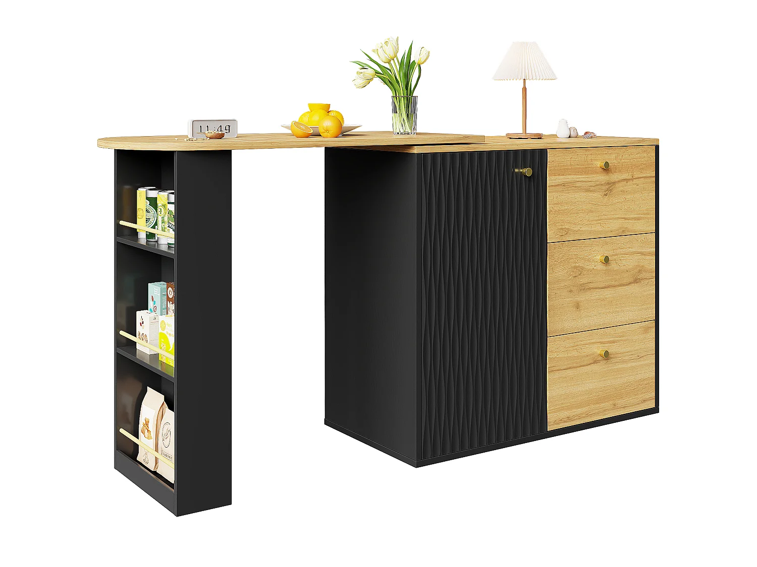 Table haute extensible avec rangement (138–204 × 39 × 104 cm), comptoir de bar pivotant à 360°
