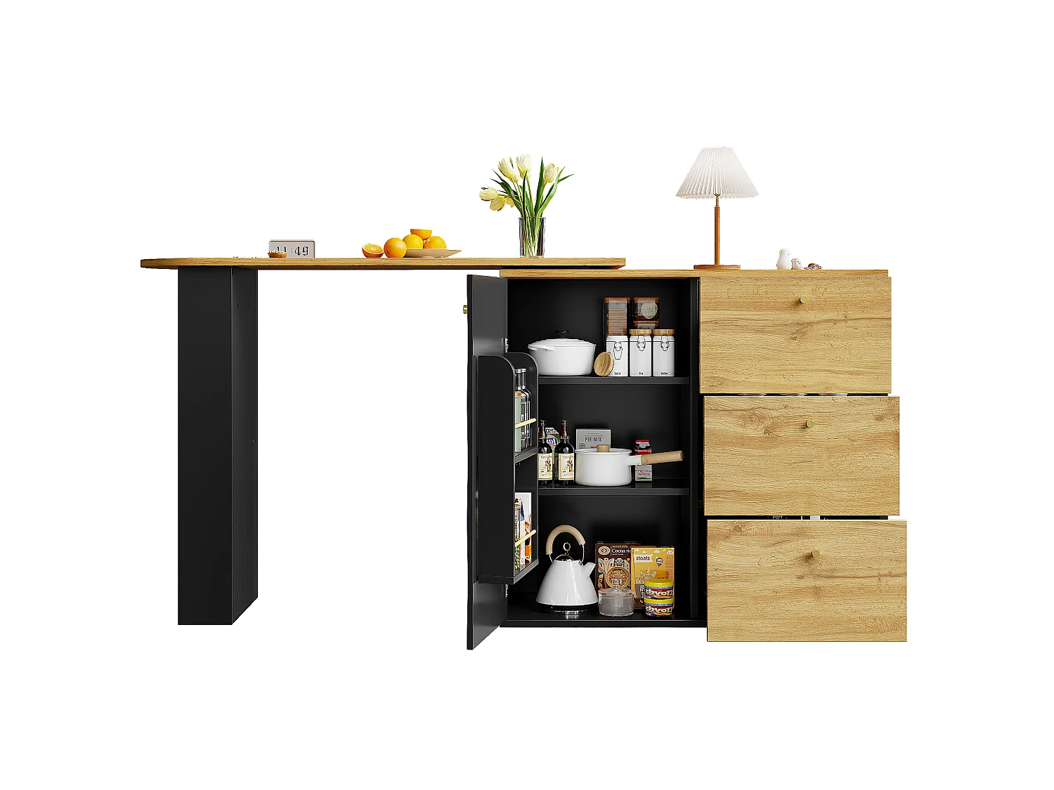 Table haute extensible avec rangement (138–204 × 39 × 104 cm), comptoir de bar pivotant à 360°