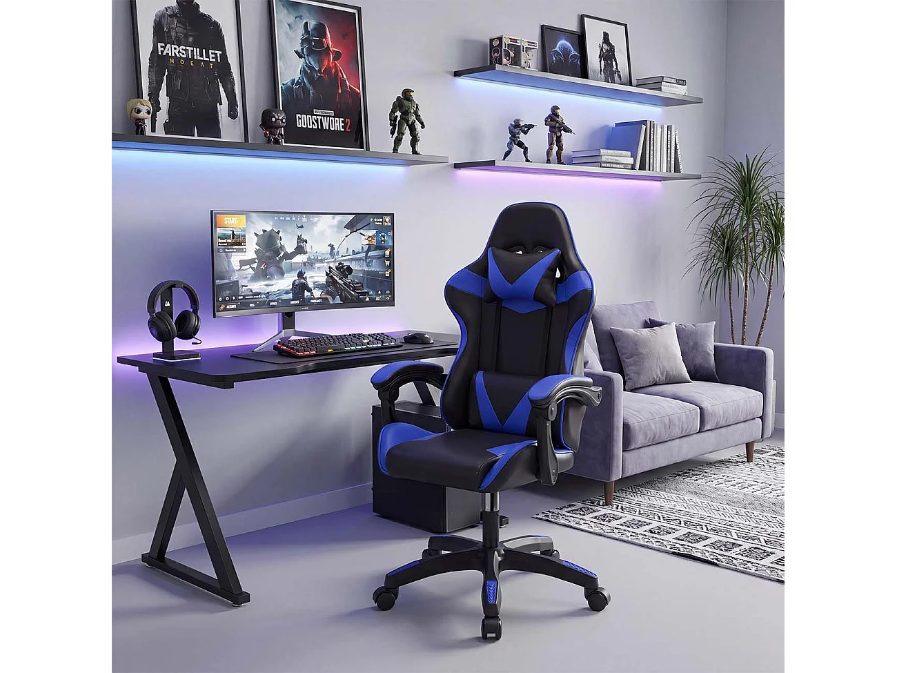 Silla gaming reclinable y con altura ajustable en negro y azul 117-128 cm Viper Negro - Azul
