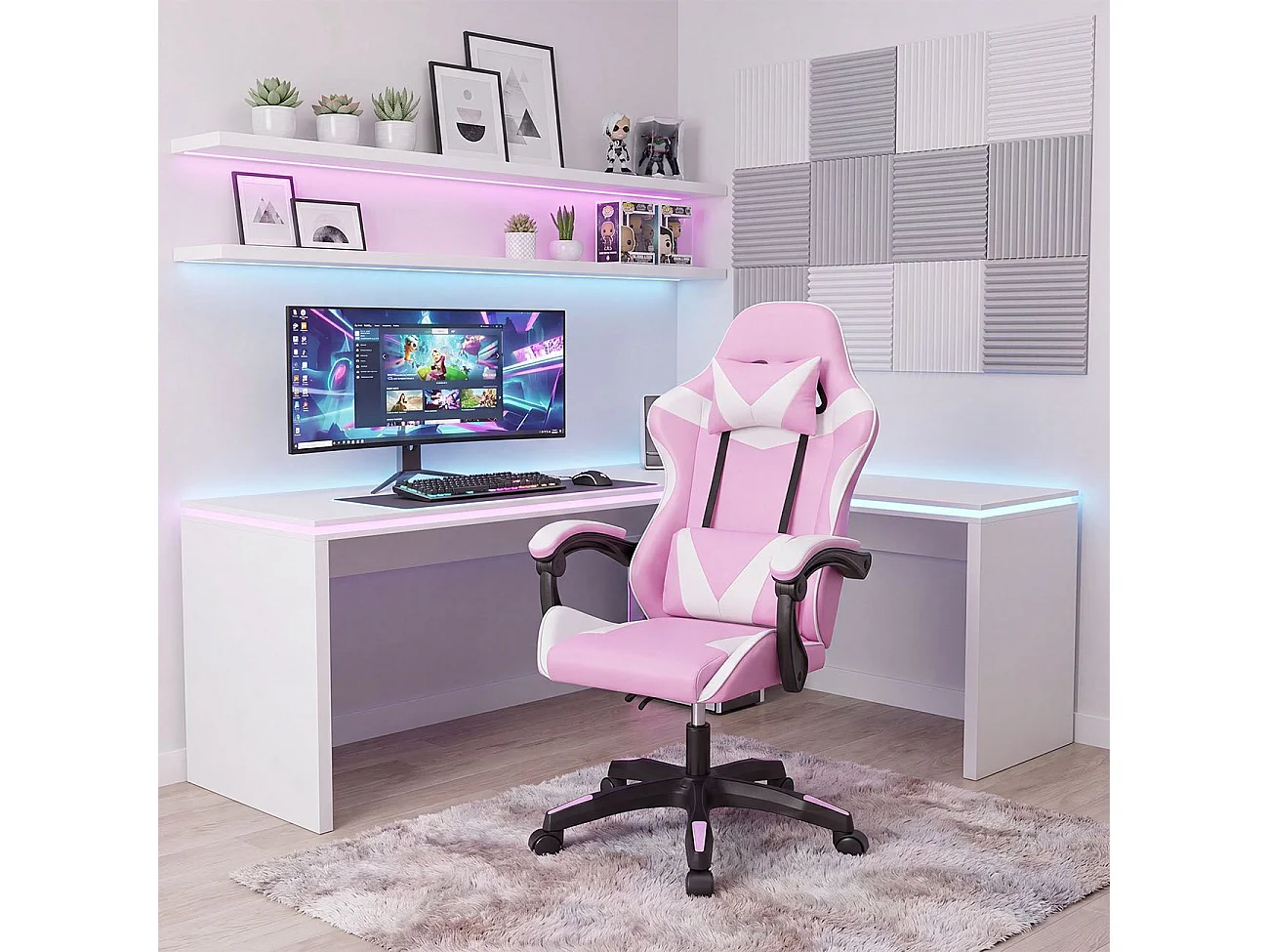 Silla gaming reclinable y con altura ajustable en rosa y blanco 117-128 cm Viper Rosa - Blanco
