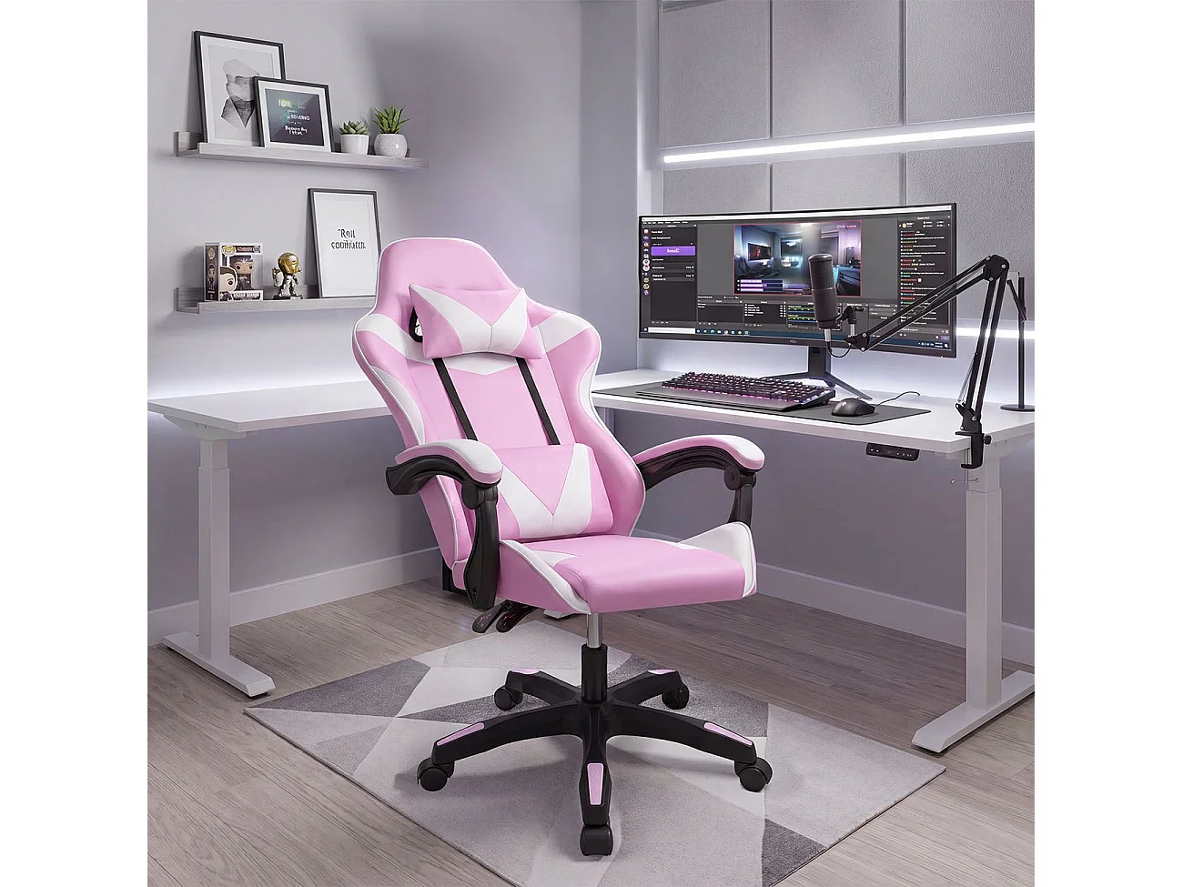 Silla gaming reclinable y con altura ajustable en rosa y blanco 117-128 cm Viper Rosa - Blanco