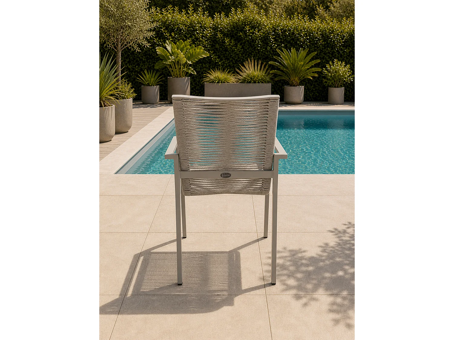 Sillón de jardín fabricado en aluminio y cuerda trenzada.