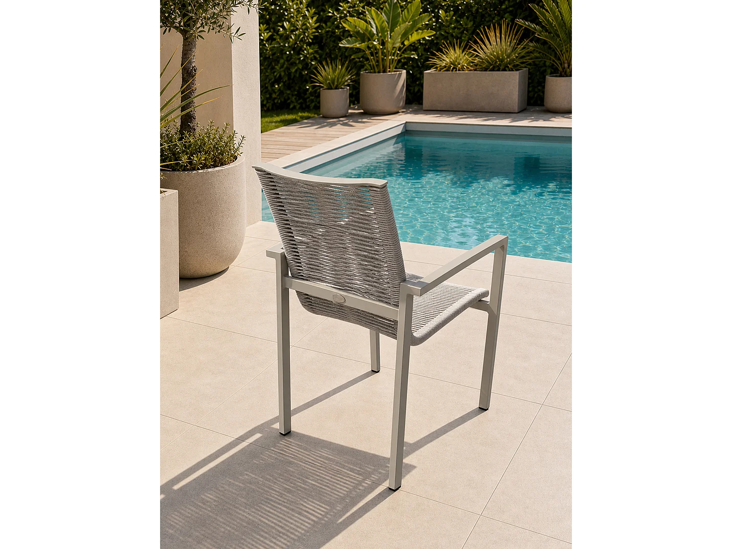 Sillón de jardín fabricado en aluminio y cuerda trenzada.
