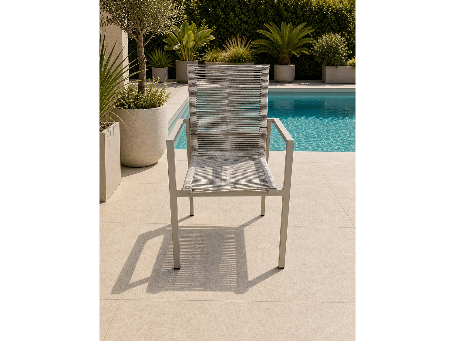 Sillón de jardín fabricado en aluminio y cuerda trenzada.