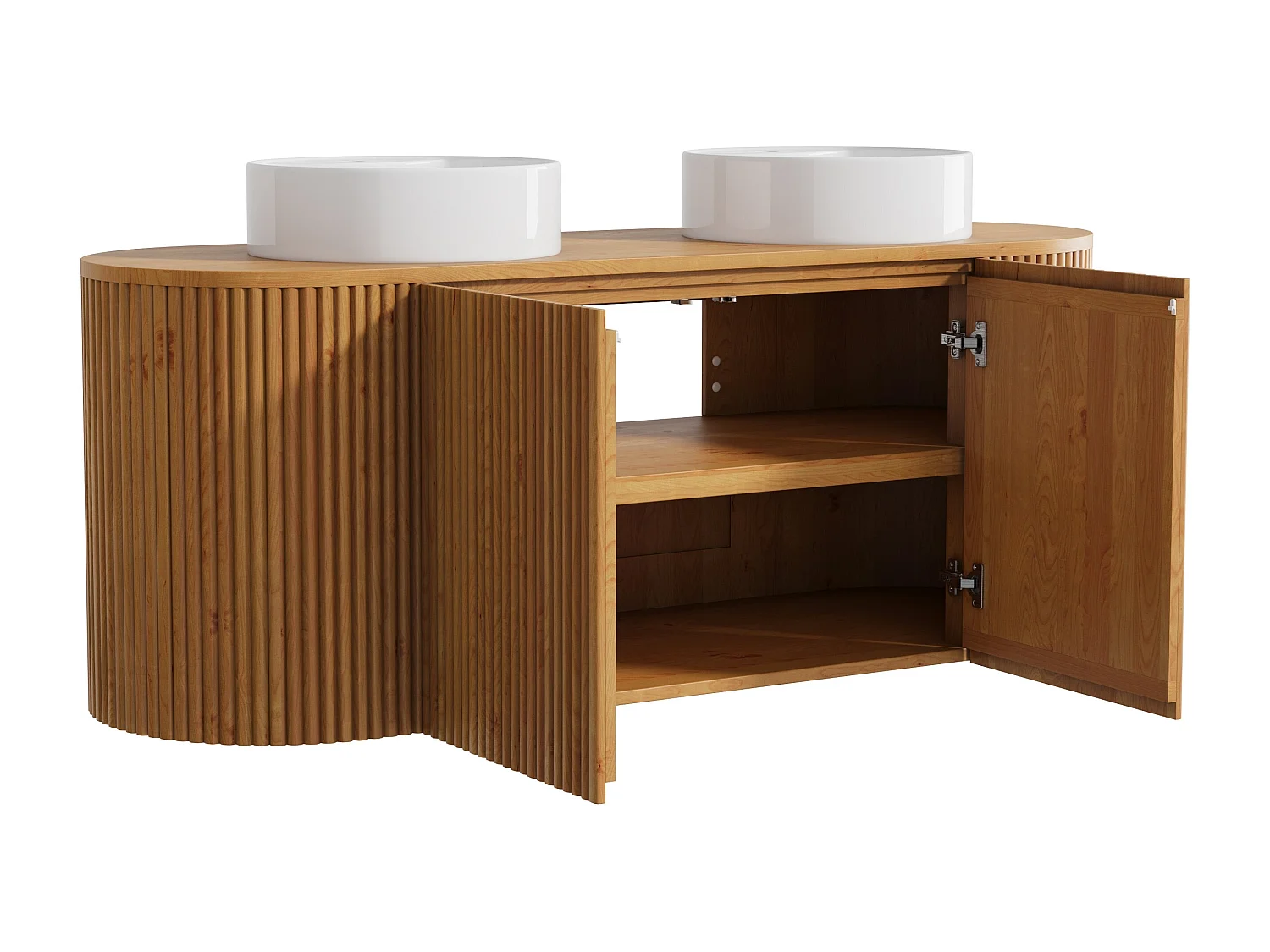 Meuble de salle de bain suspendu en teck avec double vasque à poser ronde - Naturel clair - 150 cm - TOWARI
