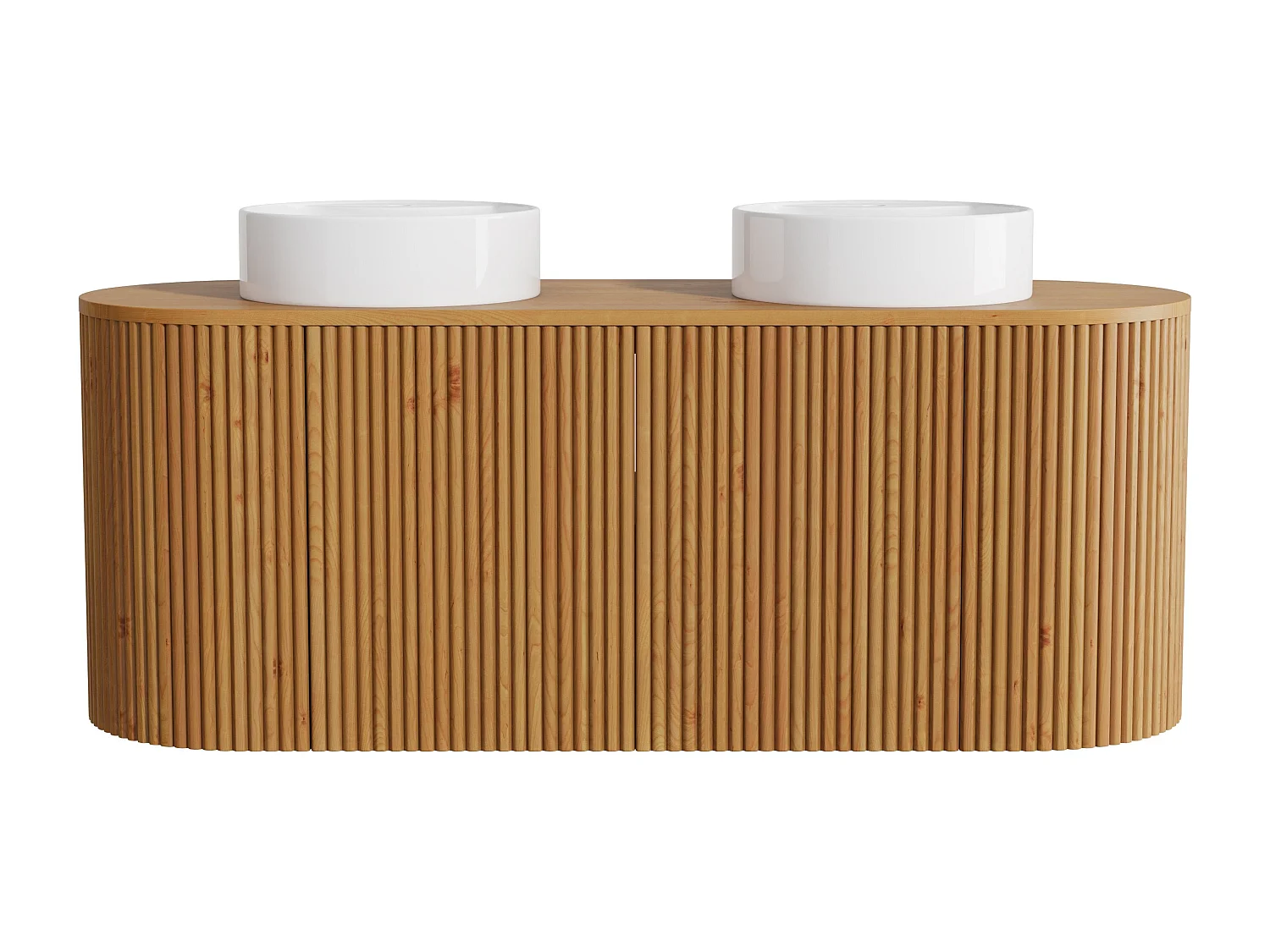 Meuble de salle de bain suspendu en teck avec double vasque à poser ronde - Naturel clair - 150 cm - TOWARI