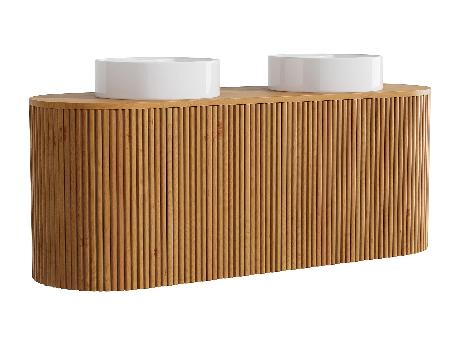 Meuble de salle de bain suspendu en teck avec double vasque à poser ronde - Naturel clair - 150 cm - TOWARI