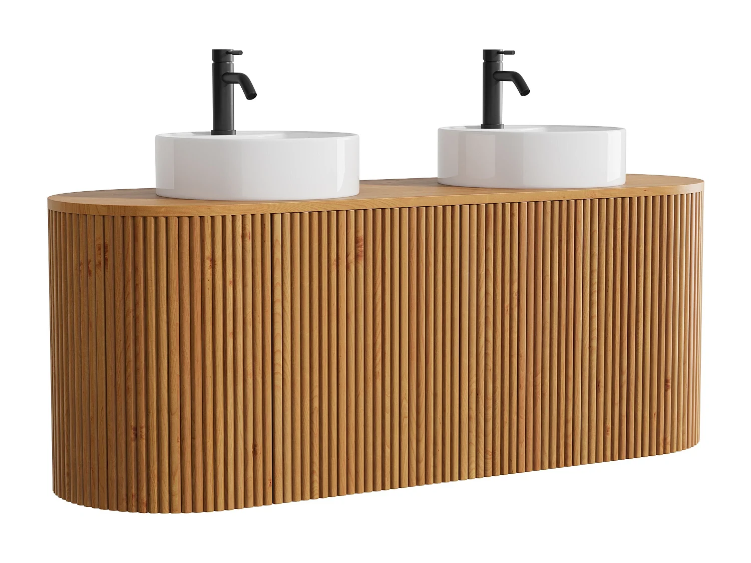 Meuble de salle de bain suspendu en teck avec double vasque à poser ronde et robinet - Naturel clair - 150 cm - TOWARI