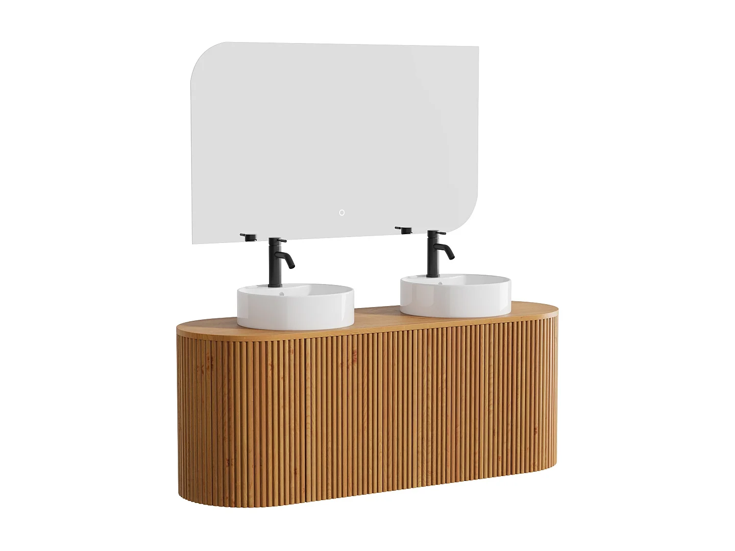 Meuble de salle de bain suspendu en teck avec double vasque à poser ronde, robinet et miroir - Naturel clair - 150 cm - TOWARI