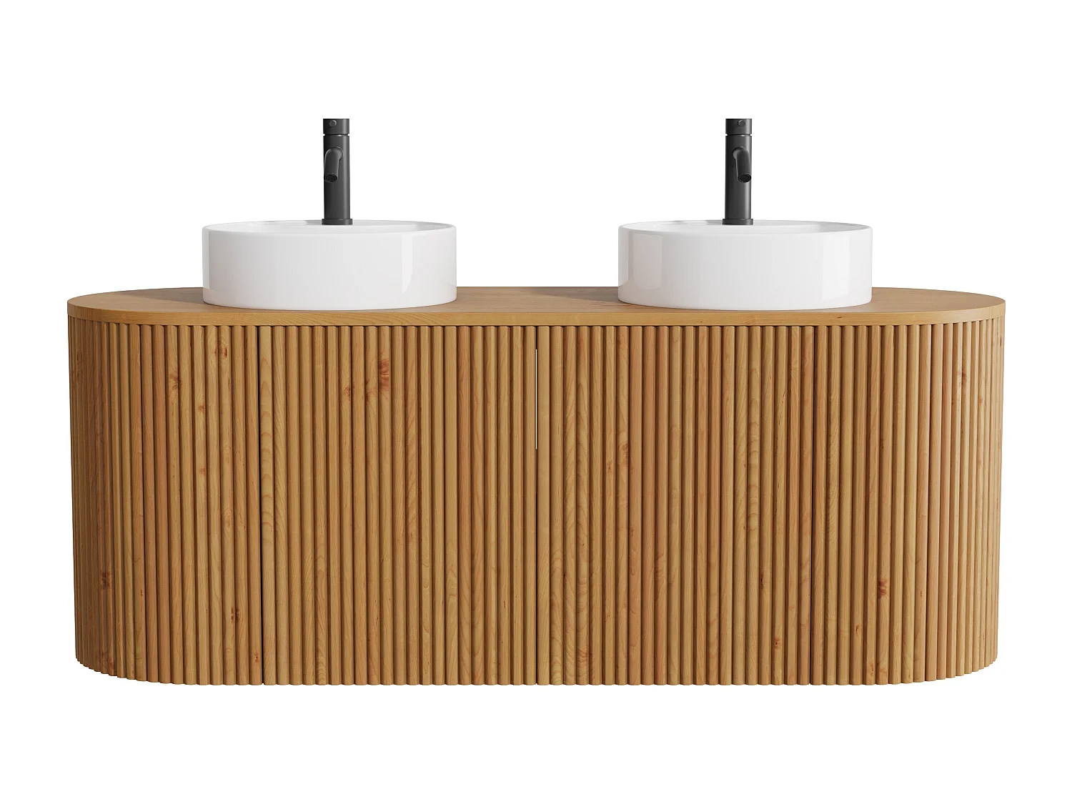 Meuble de salle de bain suspendu en teck avec double vasque à poser ronde, robinet et miroir - Naturel clair - 150 cm - TOWARI