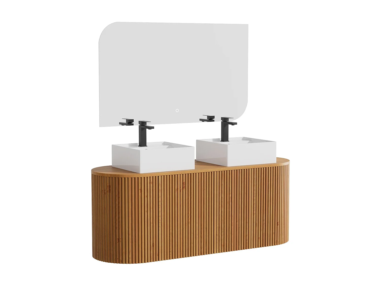 Meuble de salle de bain suspendu en teck avec double vasque à poser carrée, robinet et miroir - Naturel clair - 150 cm - TOWARI