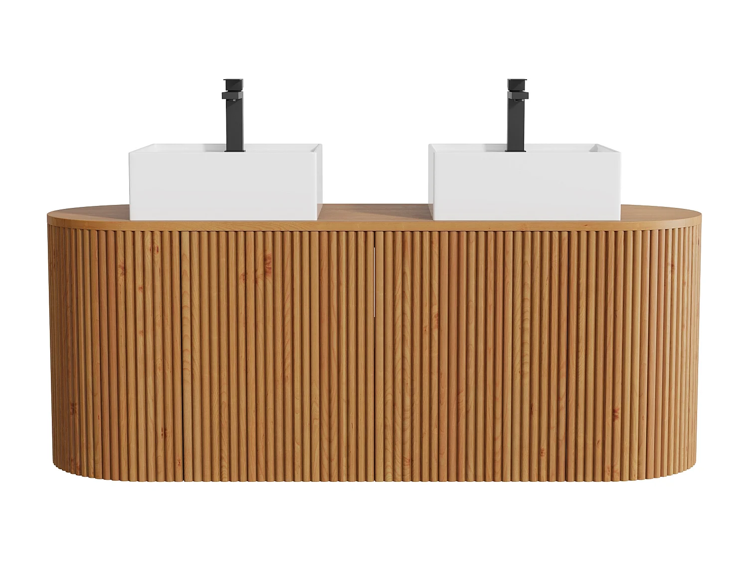 Meuble de salle de bain suspendu en teck avec double vasque à poser carrée, robinet et miroir - Naturel clair - 150 cm - TOWARI