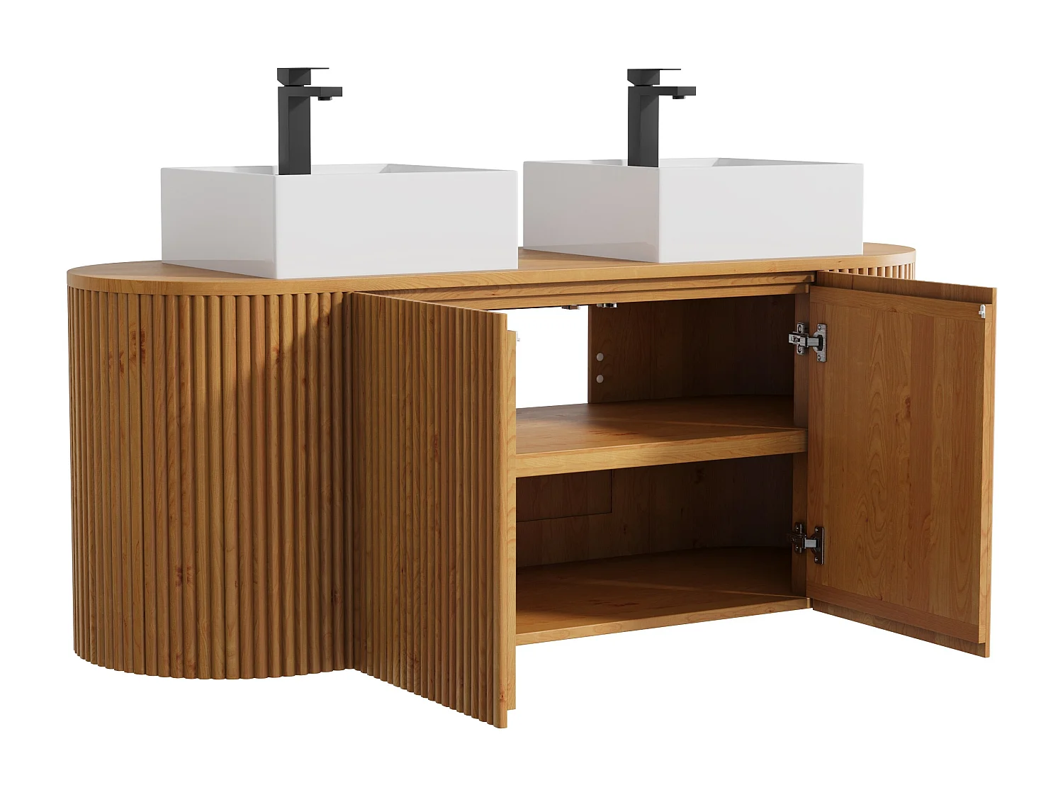 Meuble de salle de bain suspendu en teck avec double vasque à poser carrée, robinet et miroir - Naturel clair - 150 cm - TOWARI