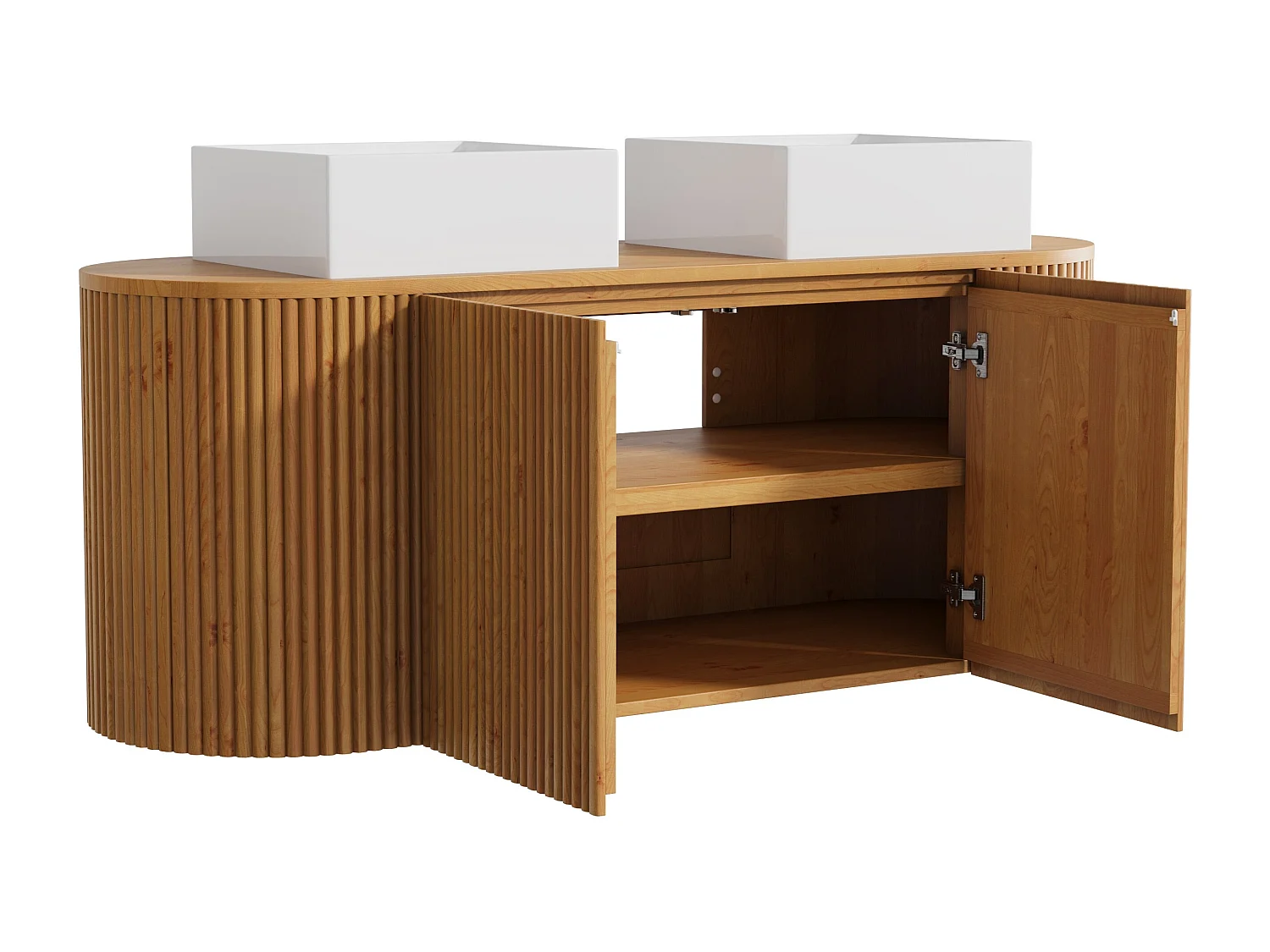 Meuble de salle de bain suspendu en teck avec double vasque à poser carrée - Naturel clair - 150 cm - TOWARI