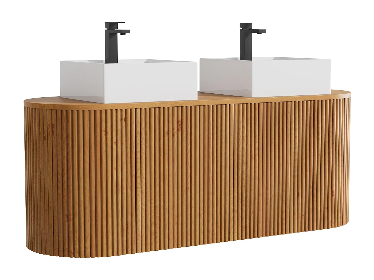 Meuble de salle de bain suspendu en teck avec double vasque à poser carrée et robinet - Naturel clair - 150 cm - TOWARI