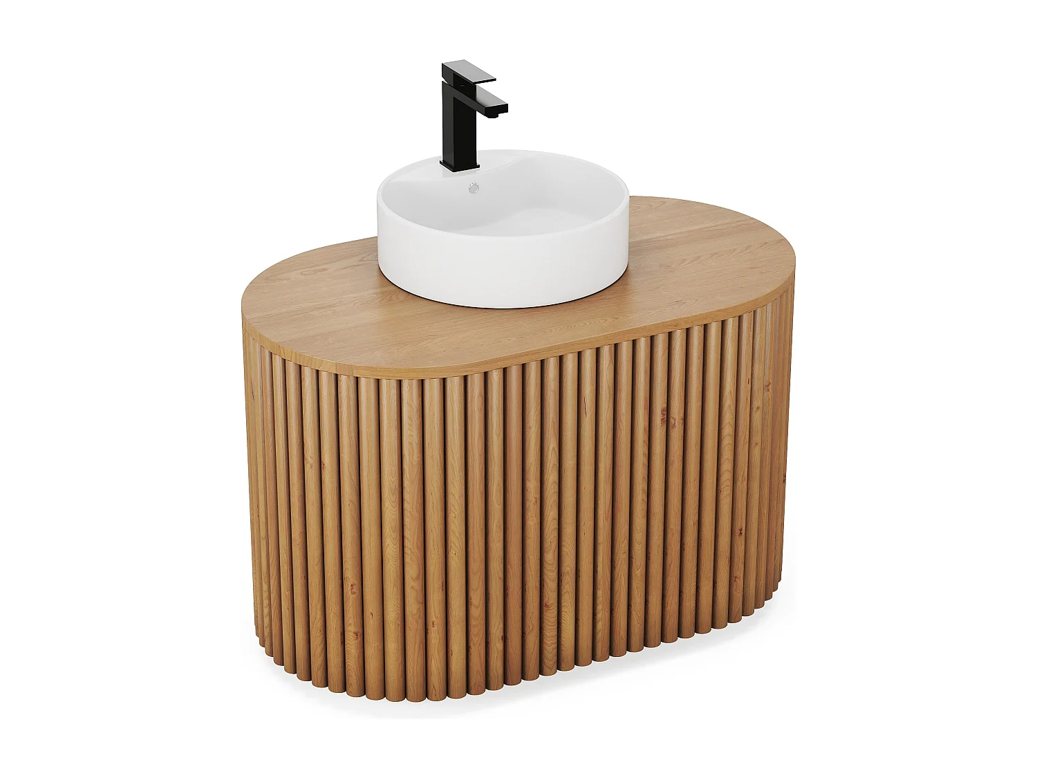 Meuble de salle de bain suspendu en teck avec vasque à poser ronde et robinet - Naturel clair - 90 cm - TOWARI