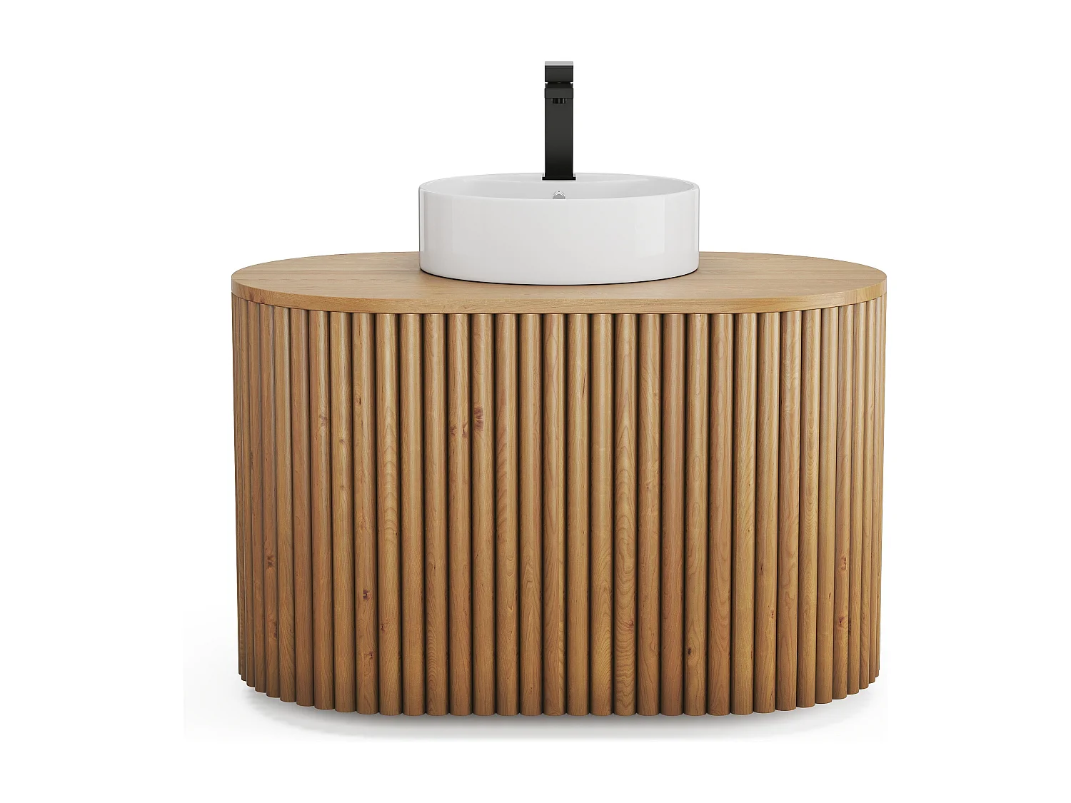 Meuble de salle de bain suspendu en teck avec vasque à poser ronde et robinet - Naturel clair - 90 cm - TOWARI