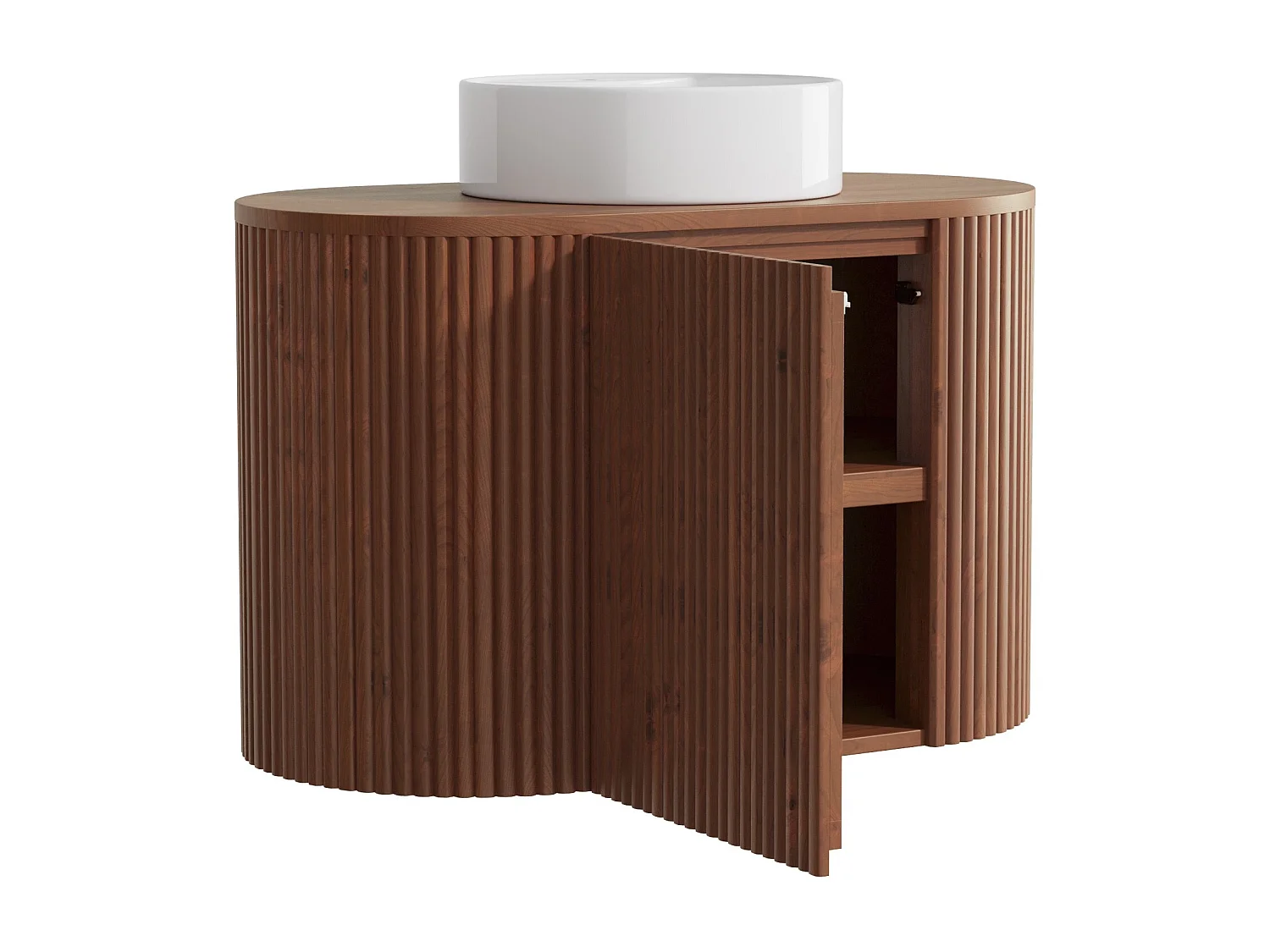 Meuble de salle de bain suspendu en teck avec vasque à poser ronde - Naturel foncé - 90 cm - TOWARI