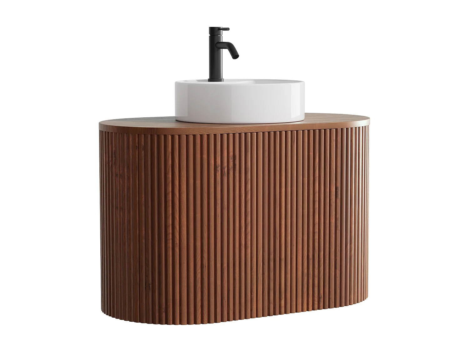 Meuble de salle de bain suspendu en teck avec vasque à poser ronde et robinet - Naturel foncé - 90 cm - TOWARI