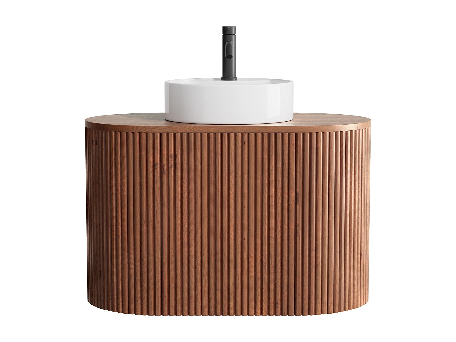 Meuble de salle de bain suspendu en teck avec vasque à poser ronde et robinet - Naturel foncé - 90 cm - TOWARI